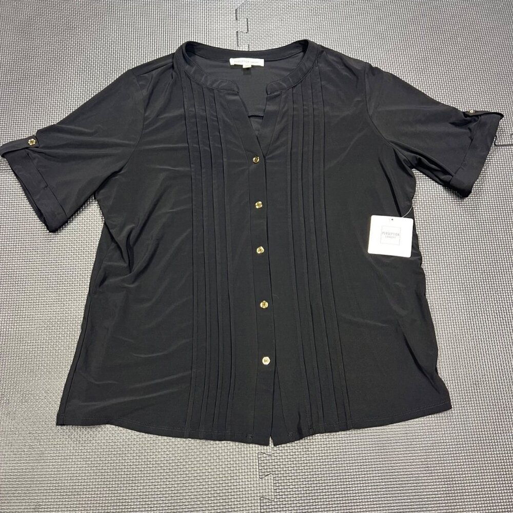 Prestige Woman Black Button-Down Pleated Blouse With Tab Sleeves